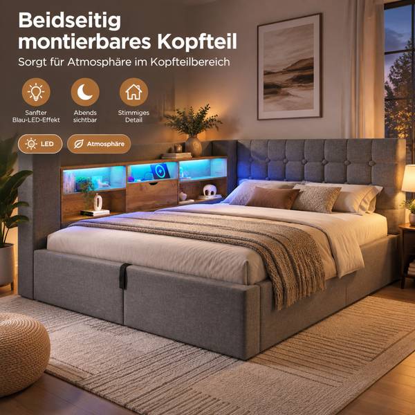 Polsterbett OK-Bett-013 mit Stauraum Grau - 200 x 140 cm