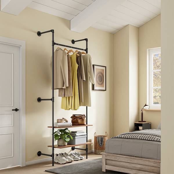 Kleiderstange Wandgarderobe KLS20-SCH Schwarz - Metall - Massivholz - 48 x 220 x 92 cm