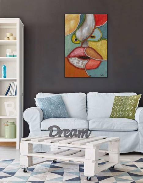 Acrylbild Handgemalt Gesicht Sig Baumwollstoff - 60 x 90 x 3 cm