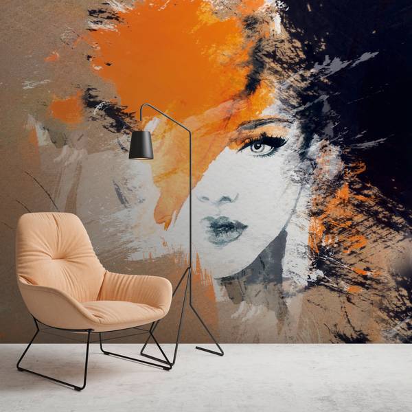Fototapete Frau Gesicht abstrakt Beige - Schwarz - Grau - Orange - Weiß - Vinyl - 350 x 255 x 1 cm