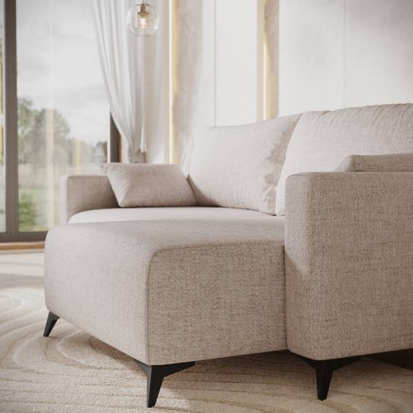 Ecksofa NUVIO mit Schlaffunktion Hellbeige - Armlehne beidseitig montierbar - Ecke davorstehend rechts - Ottomane davorstehend rechts