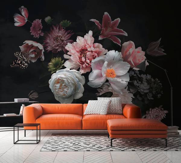 Fototapete Blumen Schmetterling Schwarz - Grün - Orange - Pink - Violett - Weiß - Gelb - Vinyl - 350 x 255 x 1 cm