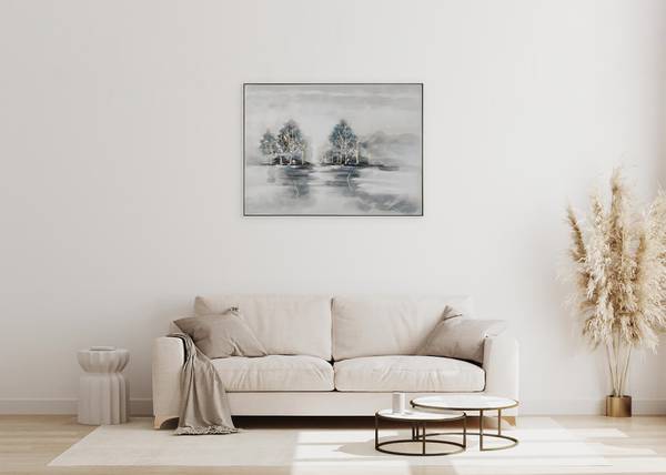 Tableau peint à la main Forêt Brumeuse Bleu - Gris - Coton - 100 x 75 x 4 cm