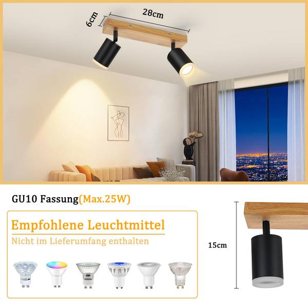 Deckenstrahler ZBNXN Schwarz - Holzwerkstoff - Massivholz - 6 x 15 x 28 cm
