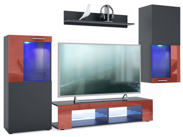 Wohnwand Movie 4tlg. mit LED LED Blau Schwarz - Hochglanz Bordeaux