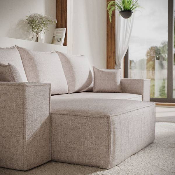 Ecksofa SENSO mit Schlaffunktion Hellbeige - Armlehne beidseitig montierbar - Ecke davorstehend links - Ottomane davorstehend links