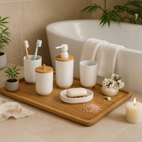 7-teiliges Badezimmer Set Hellbraun - Weiß