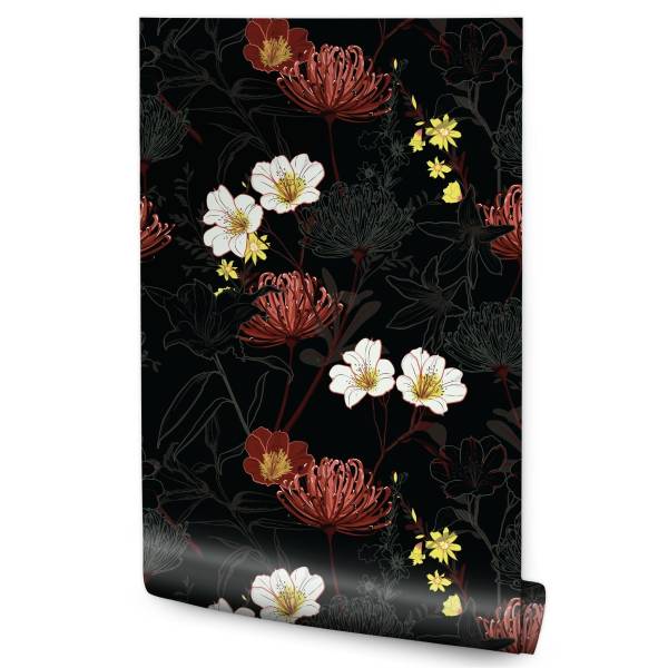 Papier Peint FLEURS Plantes Nature Noir - Gris - Rouge - Blanc - Polaire - 53 x 1000 x 1000 cm