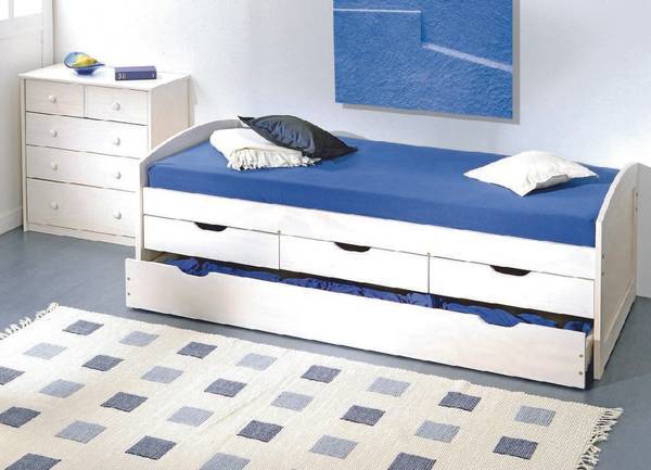 Einzelbett mit unterem Ausziehbett und Weiß - Massivholz - 195 x 63 x 98 cm