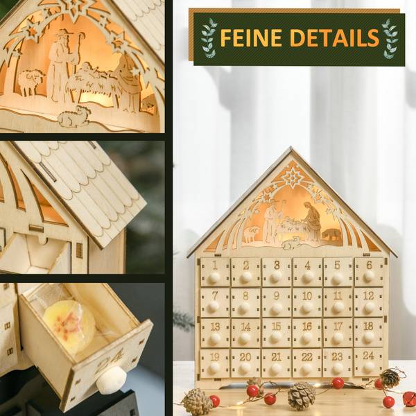 Kerst-adventskalender 830-412 bruin - plaatmateriaal op houtbasis - 6 x 30 x 27 cm