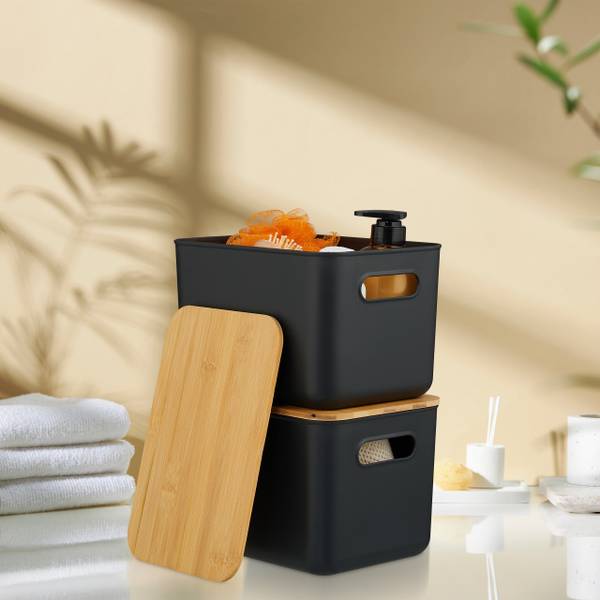 Aufbewahrungsbox mit Deckel 2er Set Schwarz - Hellbraun