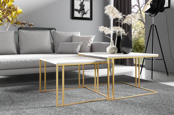 Couchtischen ASTER 2-tlg Gold - Marmor Weiß Dekor