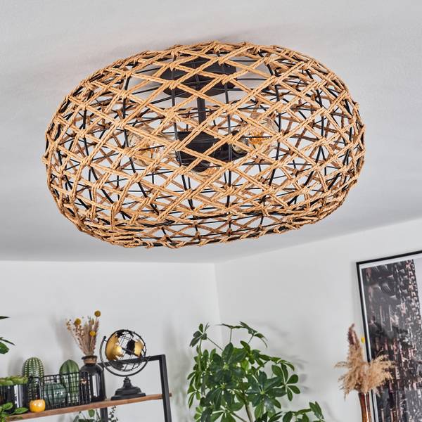 Deckenleuchte Messerotti Beige - Schwarz - 51 x 26 x 52 cm - Durchmesser: 50 cm - Flammenanzahl: 3 - Holzwerkstoff - Metall - Papier - Rattan
