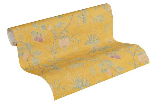 Landhaus-Tapete Blumen mit Früchten Grün - Gelb - Fleece - 53 x 1005 x 1 cm