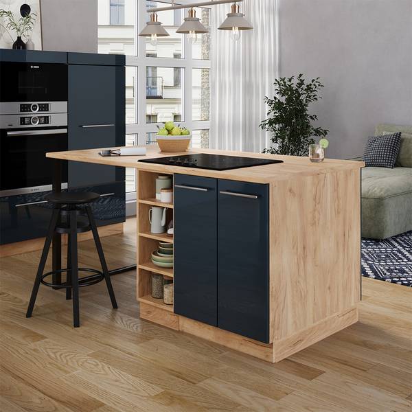Keukeneiland Fame-Line 49789 hoogglans nachtblauw - eikenhouten look