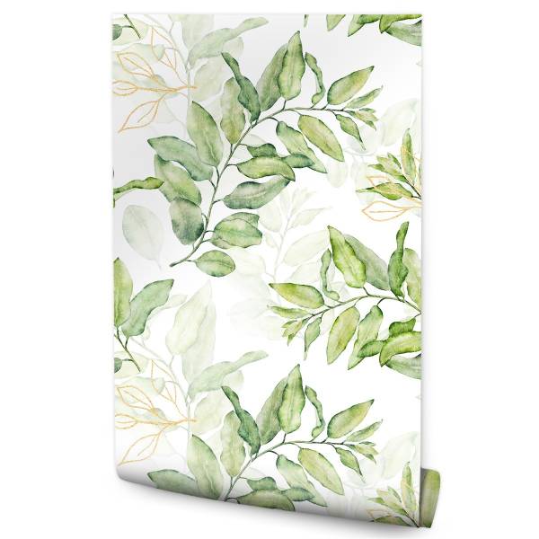 Papier Peint FEUILLES Aquarelle Nature Beige - Vert - Blanc - Polaire - 53 x 1000 x 1000 cm