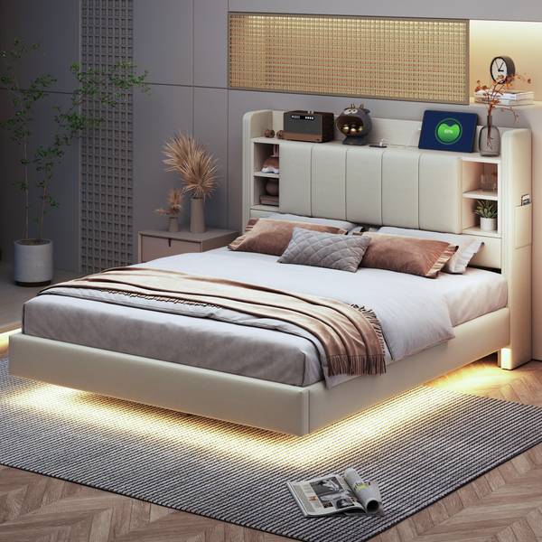 Lit Rembourré Eurynom Ⅳ Beige - Lin - 144 x 114 x 215 cm