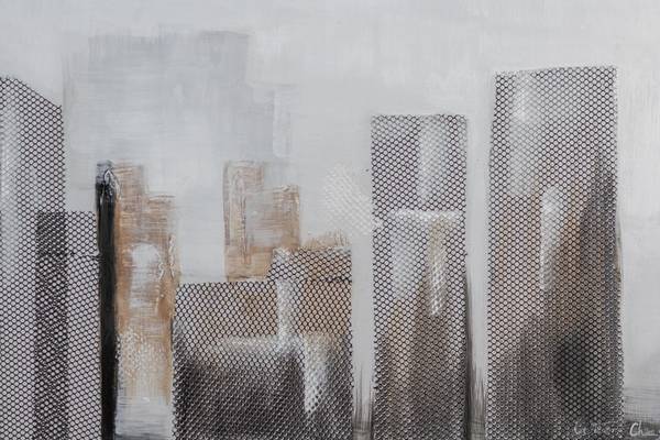Tableau peint à la main Espace Skyline Gris - Coton - 120 x 40 x 4 cm