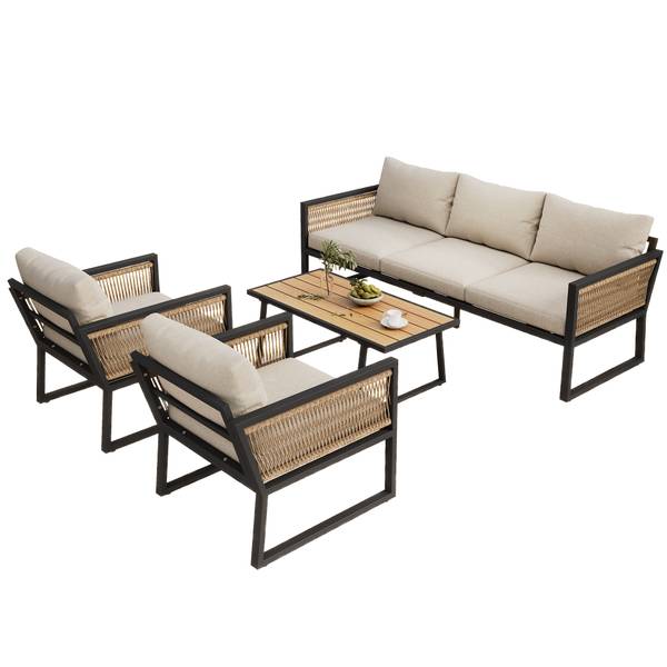 Lounge jardin 4-pce Rhea Ⅴ Beige - Noir - Polyester - Tissu - Acier - Bois composite - 67 x 63 x 182 cm