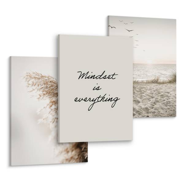 Set De Tableaux Plage Citation Plantes Beige - Noir - Vert - Lin - 90 x 40 x 40 cm