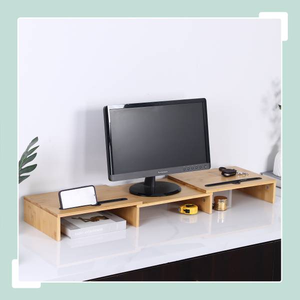 Monitorstandaard 2 schermen verstelbaar bruin - bamboe - kunststof - 105 x 10 x 27 cm