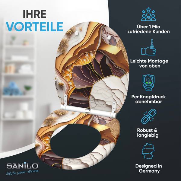 WC-Sitz Marmor Gold Gold - Weiß - Holzwerkstoff - 38 x 6 x 48 cm
