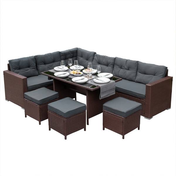 Rattan 9-Sitzer Eckgarnitur Braun - Rattan - 240 x 70 x 180 cm