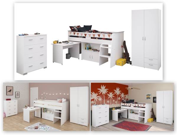 Kinderzimmer Releave 3-teilig Weiß - Holzwerkstoff - 115 x 185 x 204 cm