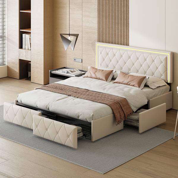 Doppelbett Polsterbett HDF09 Beige - Metall - Massivholz - 145 x 96 x 208 cm