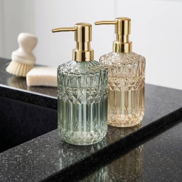 Seifenspender 2er Set 400 ml Gold - Grün - Weiß - Glas - Metall - 8 x 18 x 8 cm