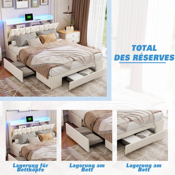 Doppelbett Stauraum TSGHP59 Beige - Metall - Massivholz - 217 x 108 x 165 cm