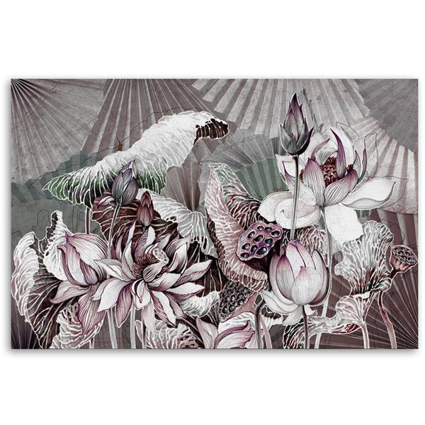 Tableau déco lotus sacré et éventails 100 x 70 cm