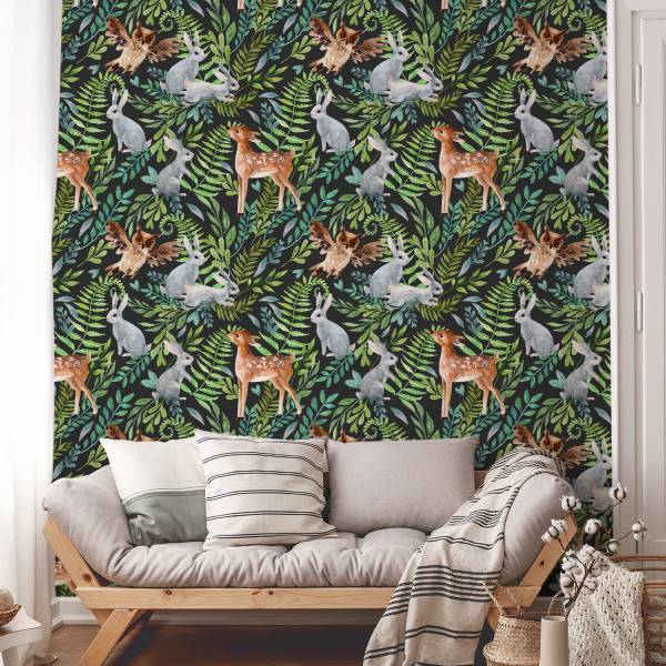Papier Peint ANIMAUX Feuilles Nature Noir - Marron - Gris - Vert - Polaire - 53 x 1000 x 1000 cm