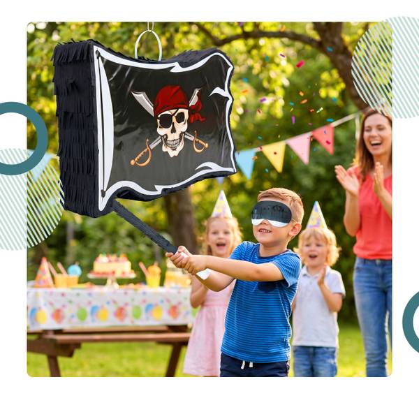 Pinata drapeau pirate avec bâton&masque Noir - Rouge - Blanc - Papier - Matière plastique - 40 x 35 x 8 cm