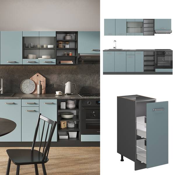 Küchenzeile R-Line 42979 Anthrazit - Blau / Grau
