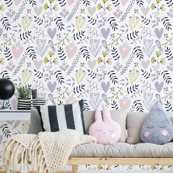 Papier Peint FEUILLES Fleurs Cœurs Noir - Mauve - Blanc - Polaire - 53 x 1000 x 1000 cm