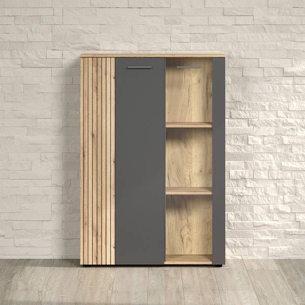 Vitrinenschrank Esteban Grau - Holz teilmassiv - 90 x 132 x 34 cm