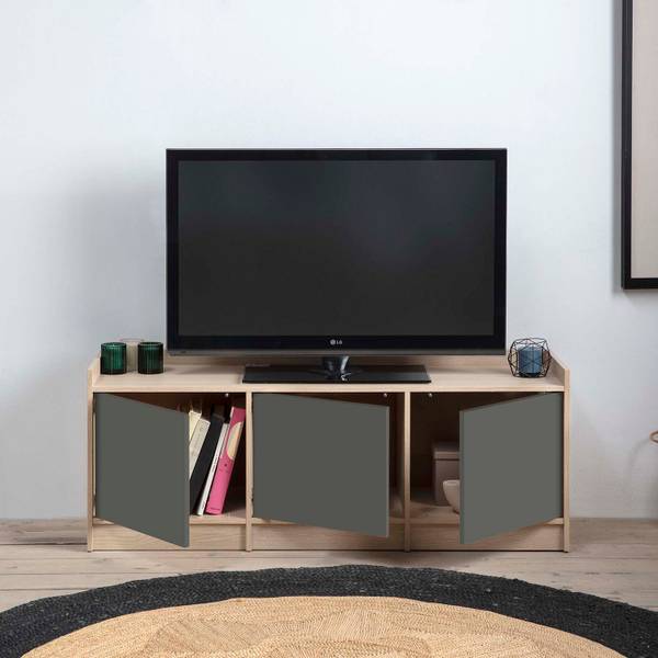 Meuble TV Moscú 3 Portes Gris - Bois manufacturé - 139 x 54 x 41 cm