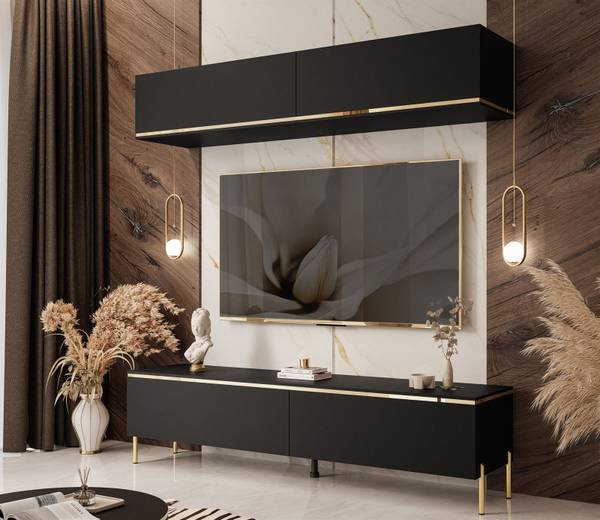 Wohnwand AURORA II mit Beinen Schwarz - Holzwerkstoff - 180 x 51 x 40 cm