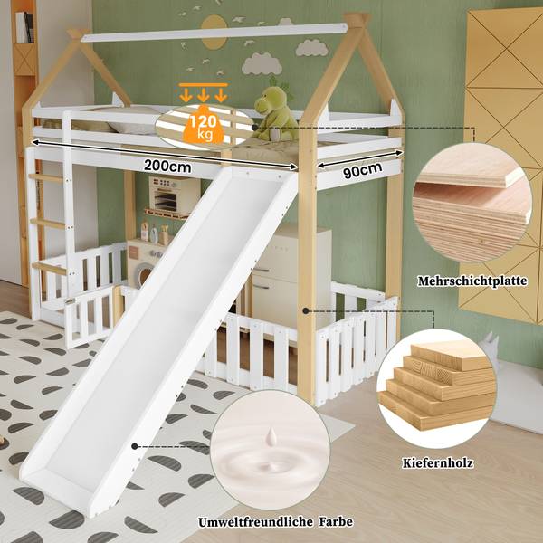 Kinderbett Uranus Ⅵ Braun - Weiß - Holzwerkstoff - Massivholz - 231 x 187 x 207 cm