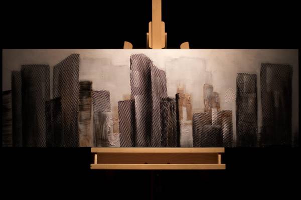Tableau peint à la main Espace Skyline Gris - Coton - 120 x 40 x 4 cm