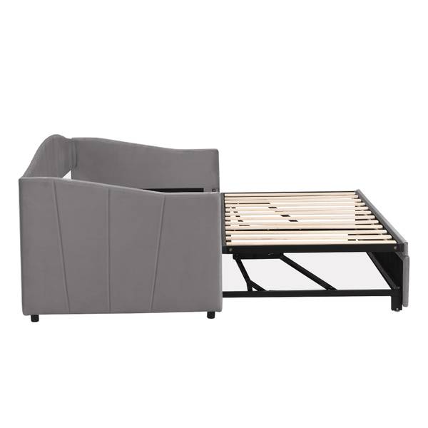Tagesbett Ausziehbett Leto Ⅰ Grau - Polyester - Samt - Kiefer - Stahl - 188 x 74 x 212 cm