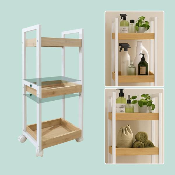 Chariot en bambou 3 étagères Marron - Blanc - Bambou - Bois manufacturé - 30 x 80 x 20 cm
