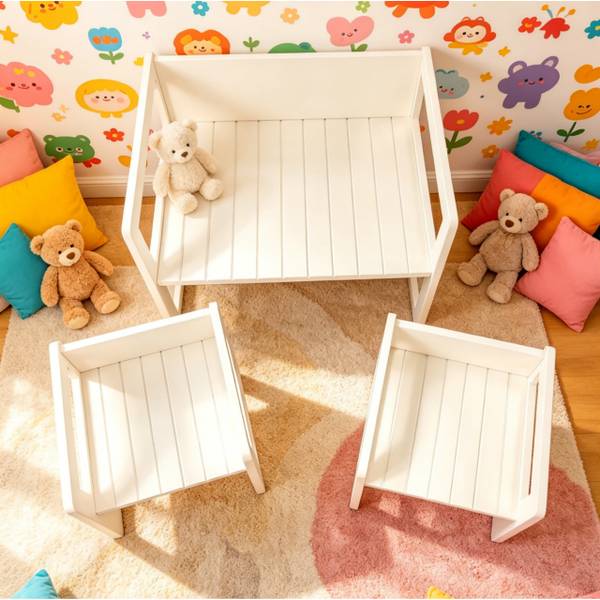 3-delige kinderset in wit wit - plaatmateriaal op houtbasis - 57 x 44 x 44 cm