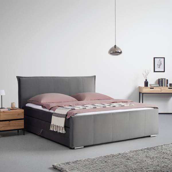 Boxspringbett LEONORA Grau - Massivholz - Textil - 202 x 115 x 212 cm