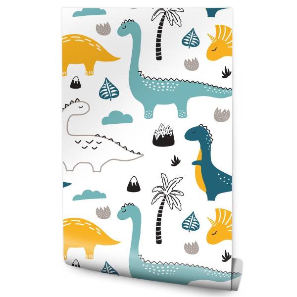 TAPETE Junge Dinosaurier Blätter Berge Schwarz - Blau - Weiß - Papier - 53 x 1000 x 1000 cm