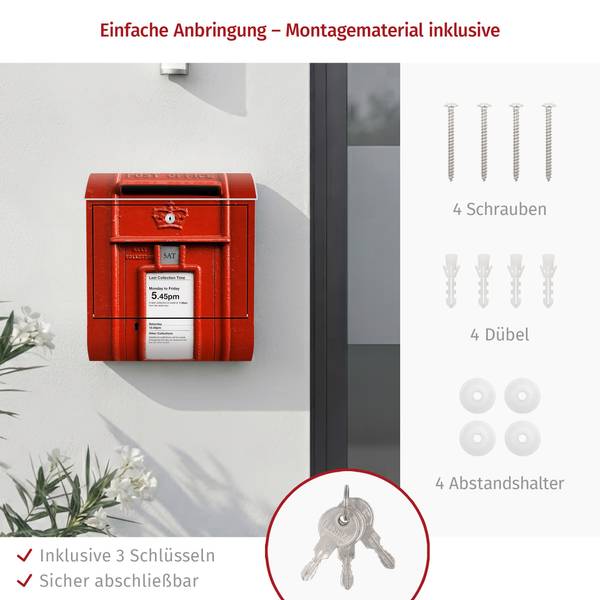 Länderbriefkasten UK Rot - Stahl - 39 x 46 x 13 cm
