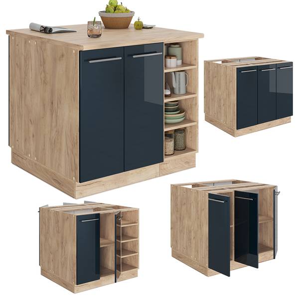 Keukeneiland Fame-Line 49789 hoogglans nachtblauw - eikenhouten look