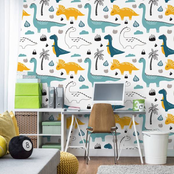 TAPETE Junge Dinosaurier Blätter Berge Schwarz - Blau - Weiß - Papier - 53 x 1000 x 1000 cm