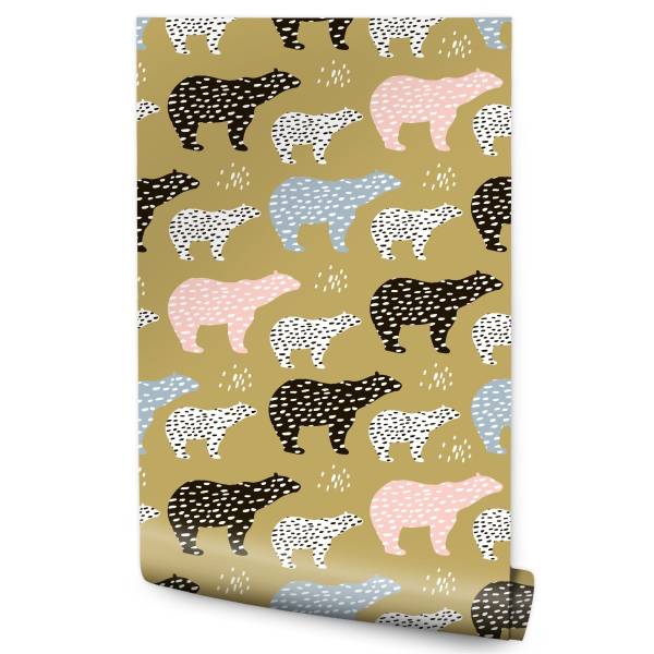 Tapete Wildtiere Bären Beige - Schwarz - Blau - Weiß - Fleece - 53 x 1000 x 1000 cm